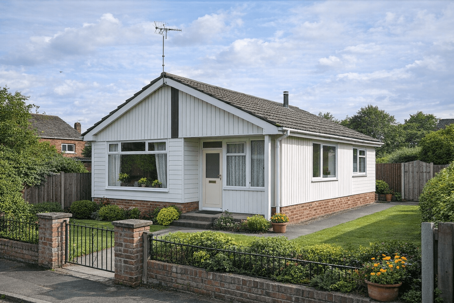 Youngman house with shallow pitch gable roof and vertical timber boarding