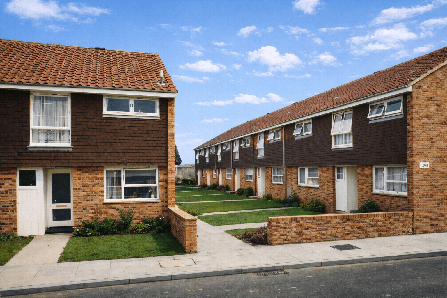 Wates house showing timber frame construction with brick cladding and tiled roof