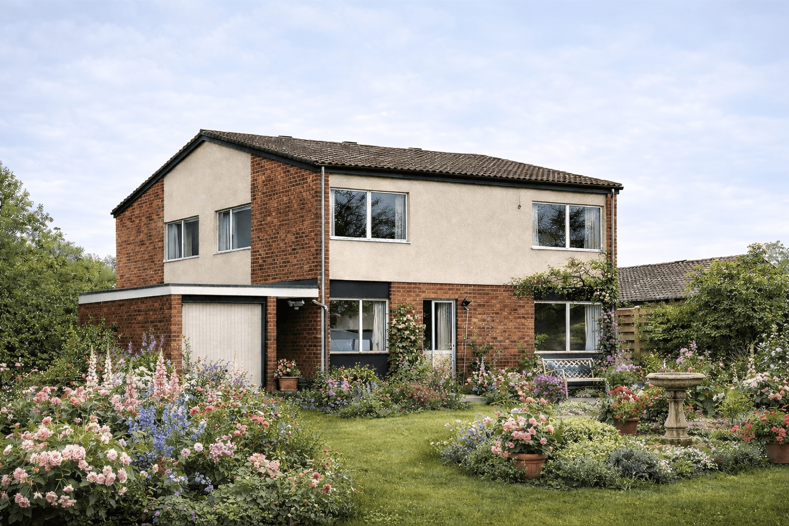 Appleyard house showing shallow pitch gable roof and mixed external wall cladding