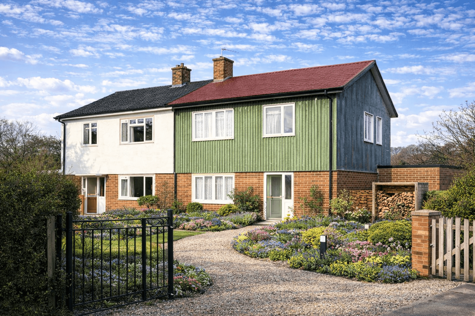 BISF Type A house showing steel cladding above brickwork and shallow pitched roof