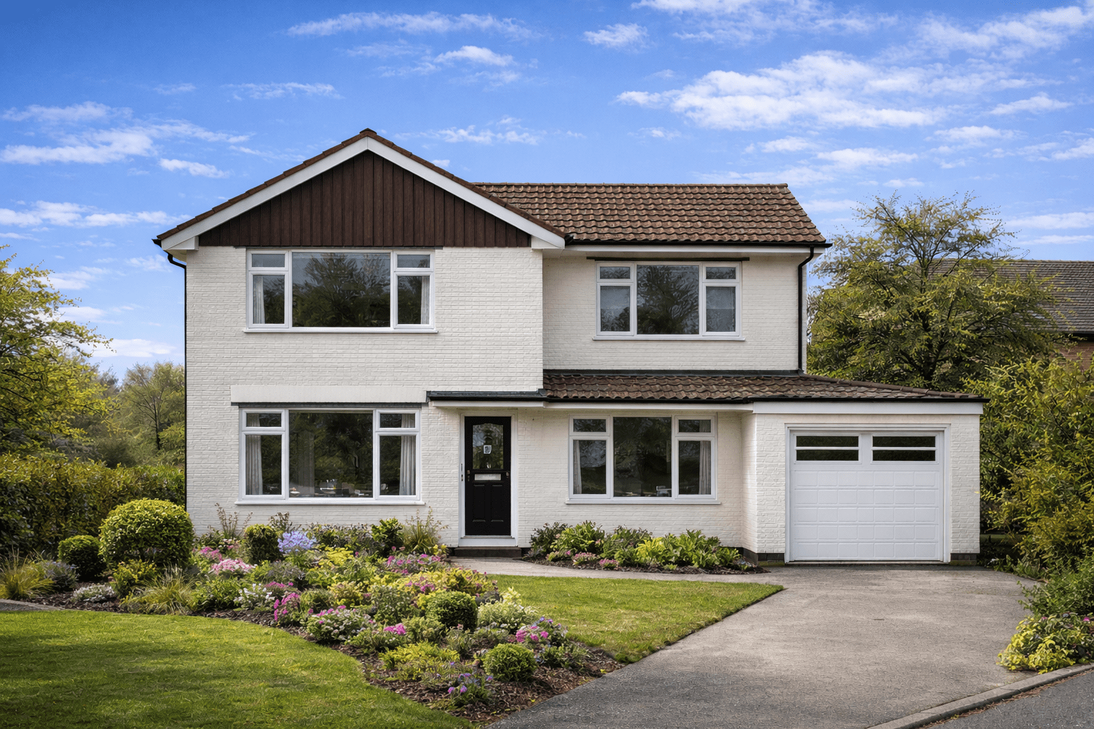 Two storey Bennett House with tiled gable roof and Tyrolean-rendered external walls