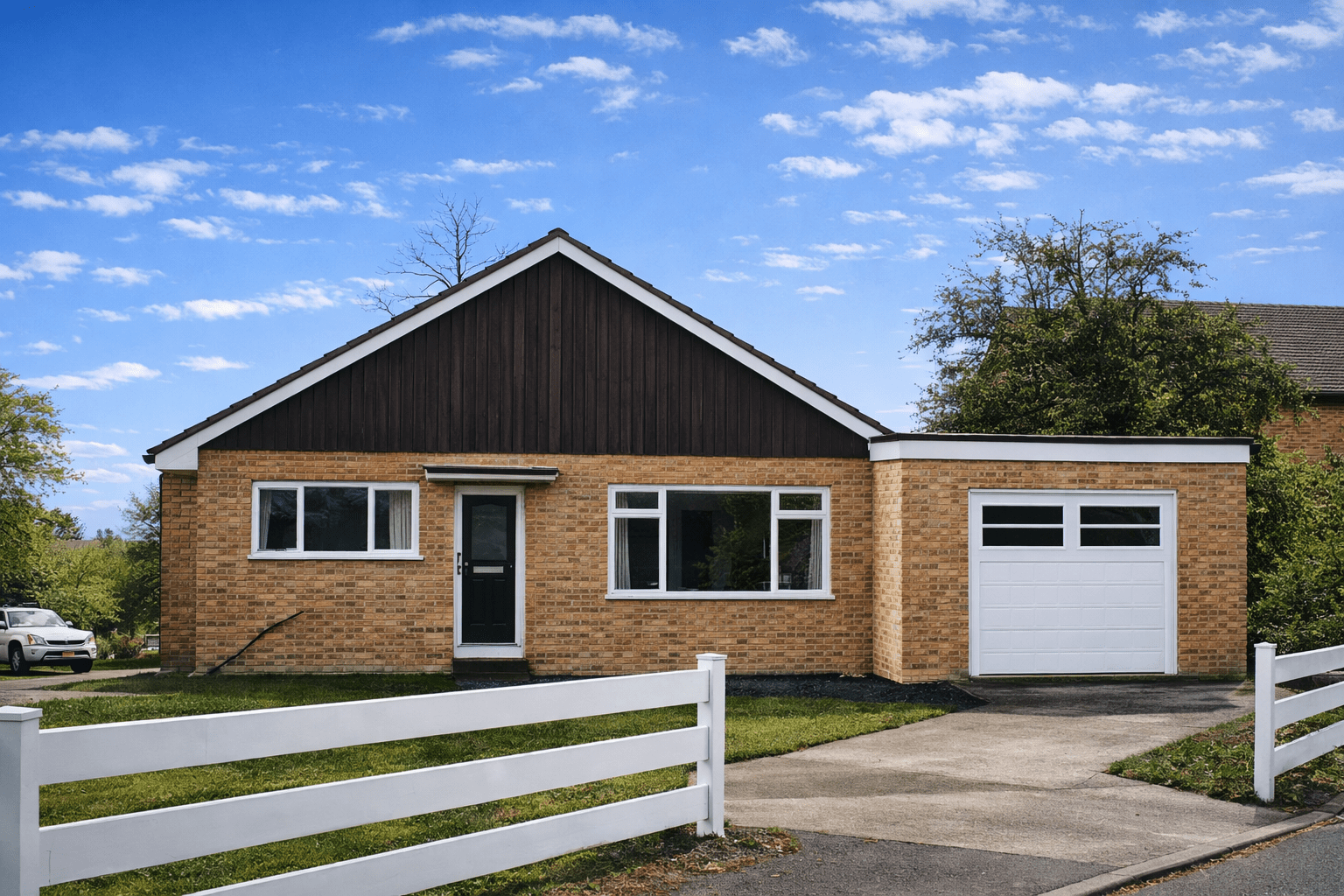 Bennett House bungalow showing gable roof, Tyrolean render and timber gable apex