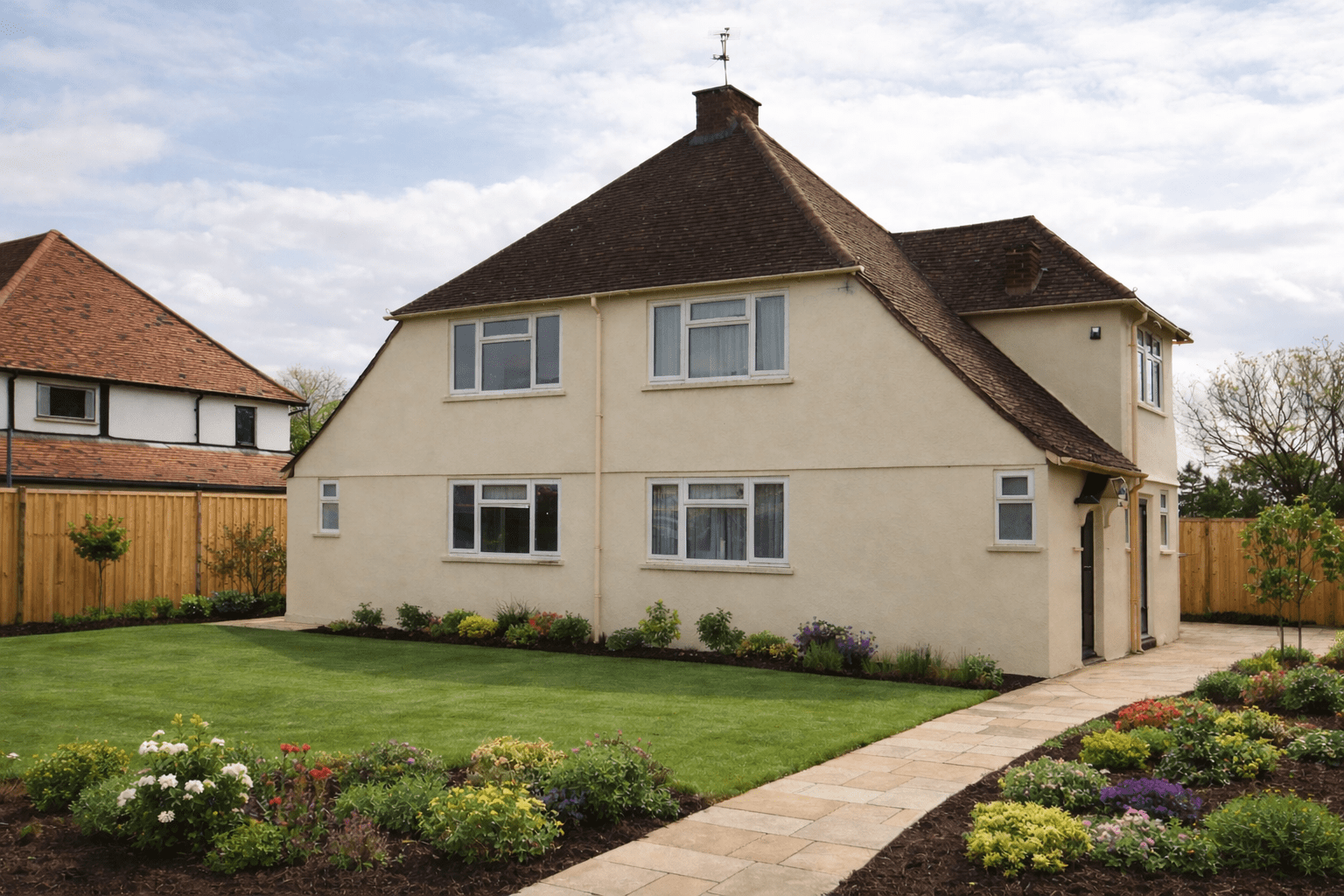 Bricket Wood Special semi-detached chalet bungalow with hipped roof and rendered walls