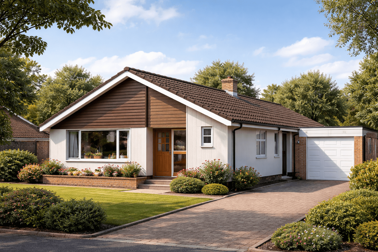 Burt Boulton bungalow showing rendered external walls and shallow pitch roof