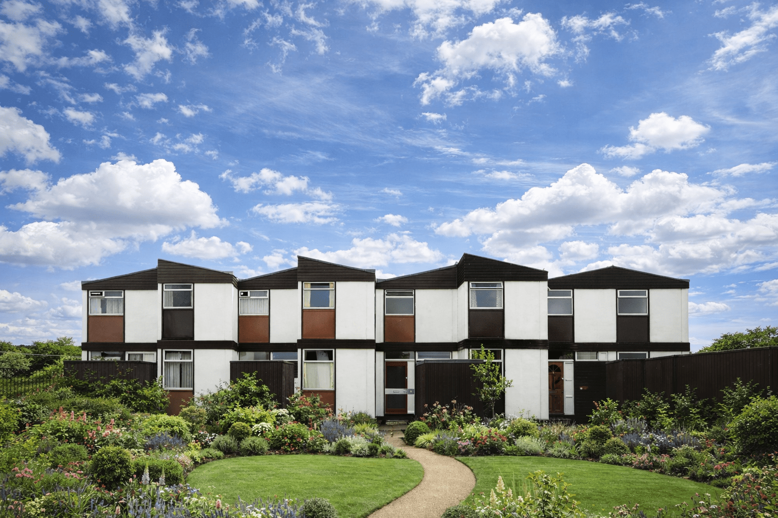 Calder House showing shallow pitch roof and asbestos cement cladding
