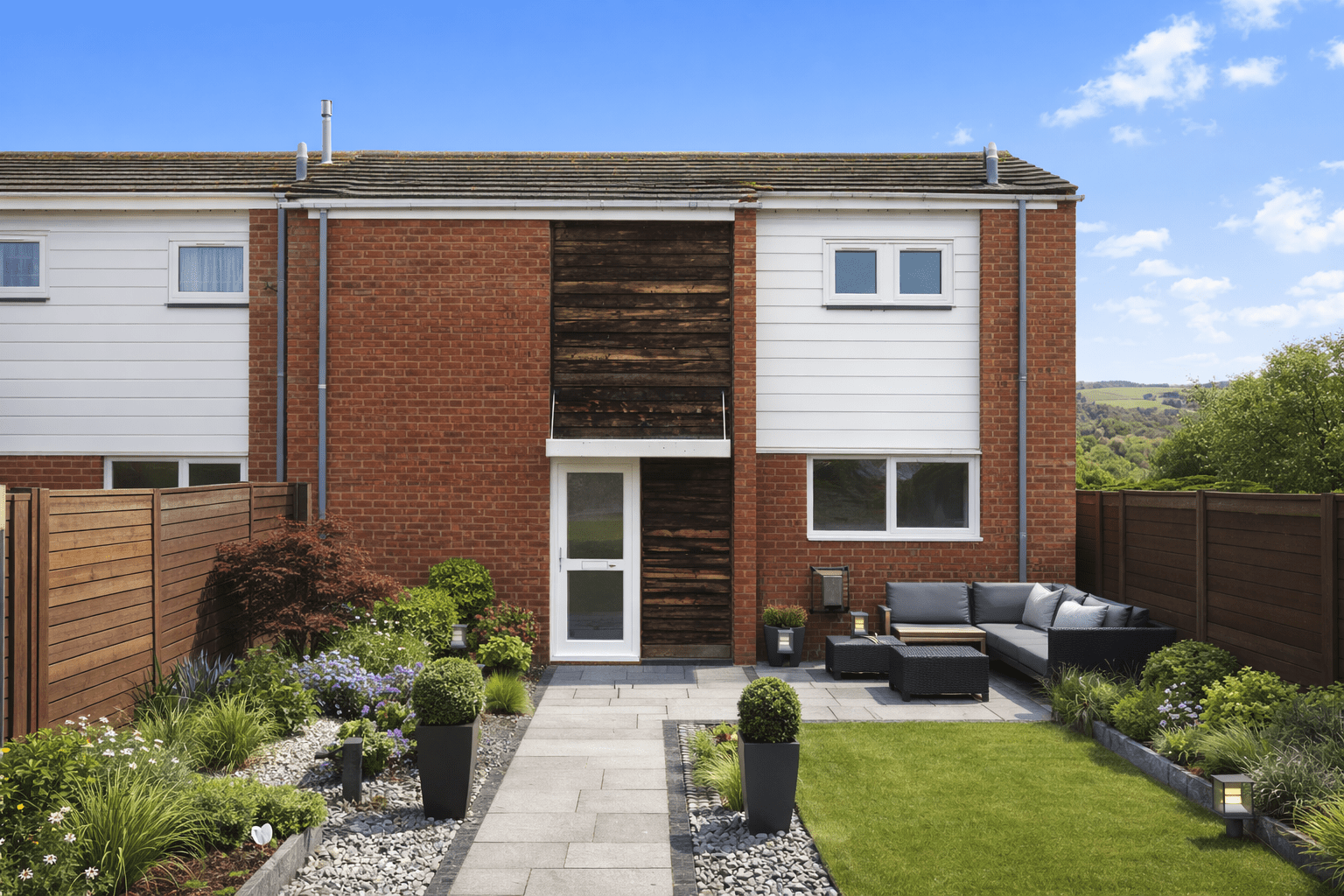 Cameron House with shallow pitch gable roof and mixed brick and timber cladding