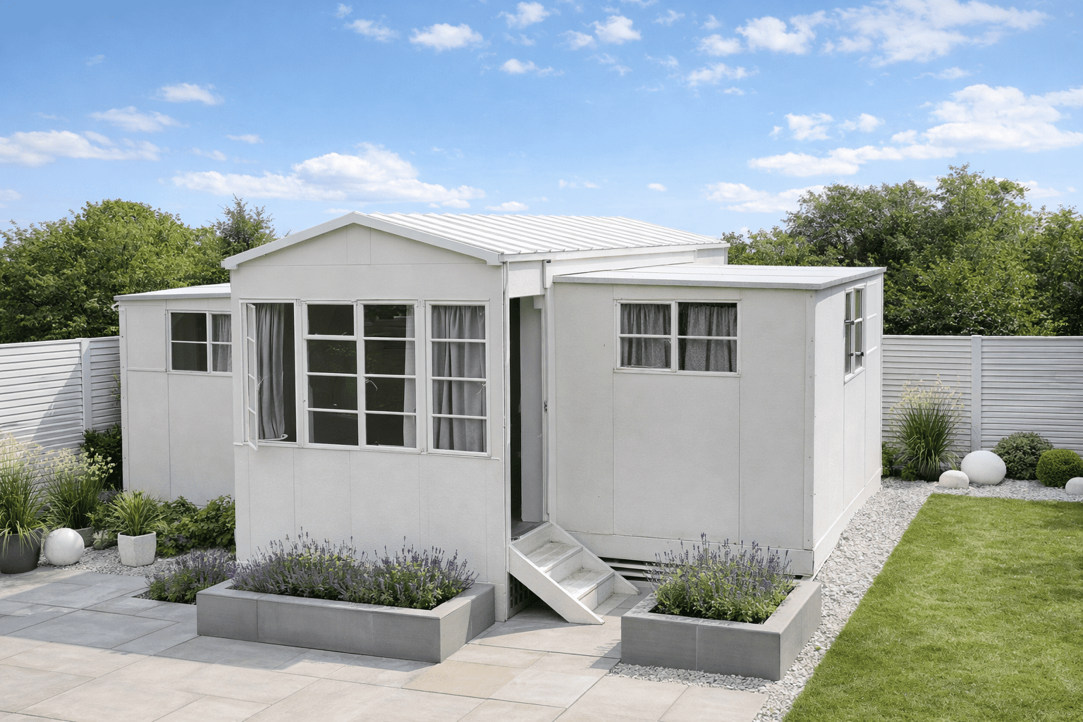 RTB Temporary Bungalow with shallow pitched roof and metal-clad external walls