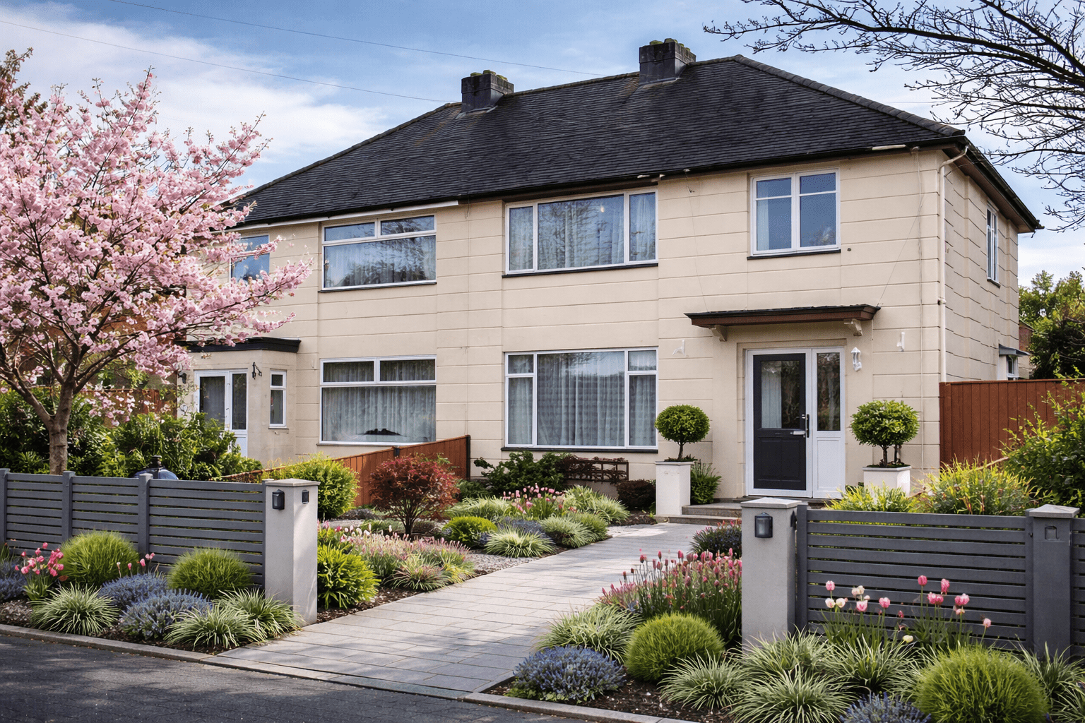 Steane house showing hipped roof and stone-faced precast concrete panels