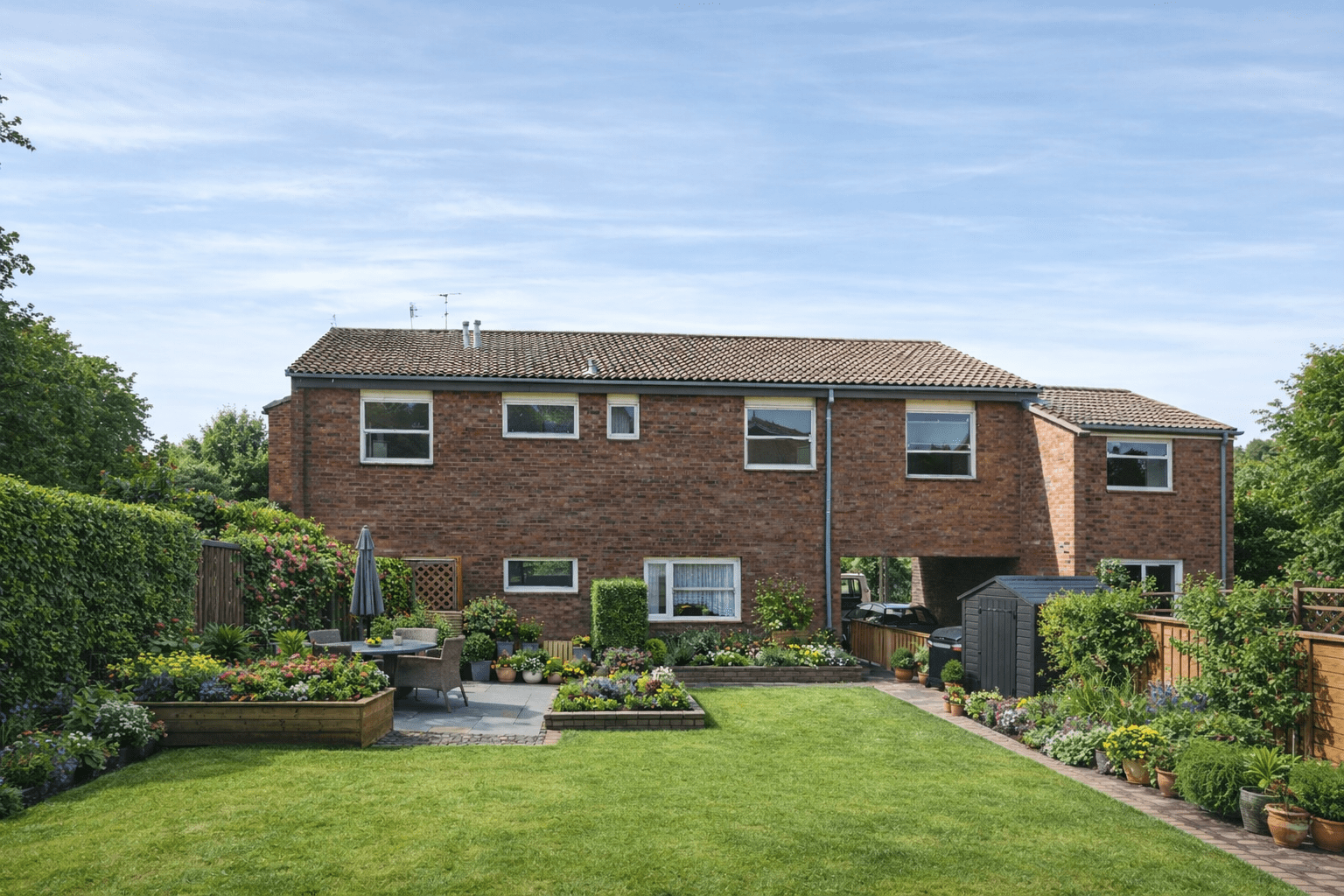 Anvil House showing gable roof and brick-clad timber frame construction