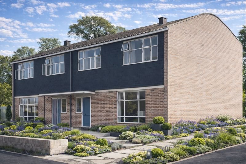 Arcon house showing brick lower walls, asbestos cement cladding and shallow pitched gable roof