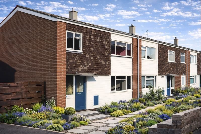 Arrowhead house showing shallow pitch roof and system-built construction