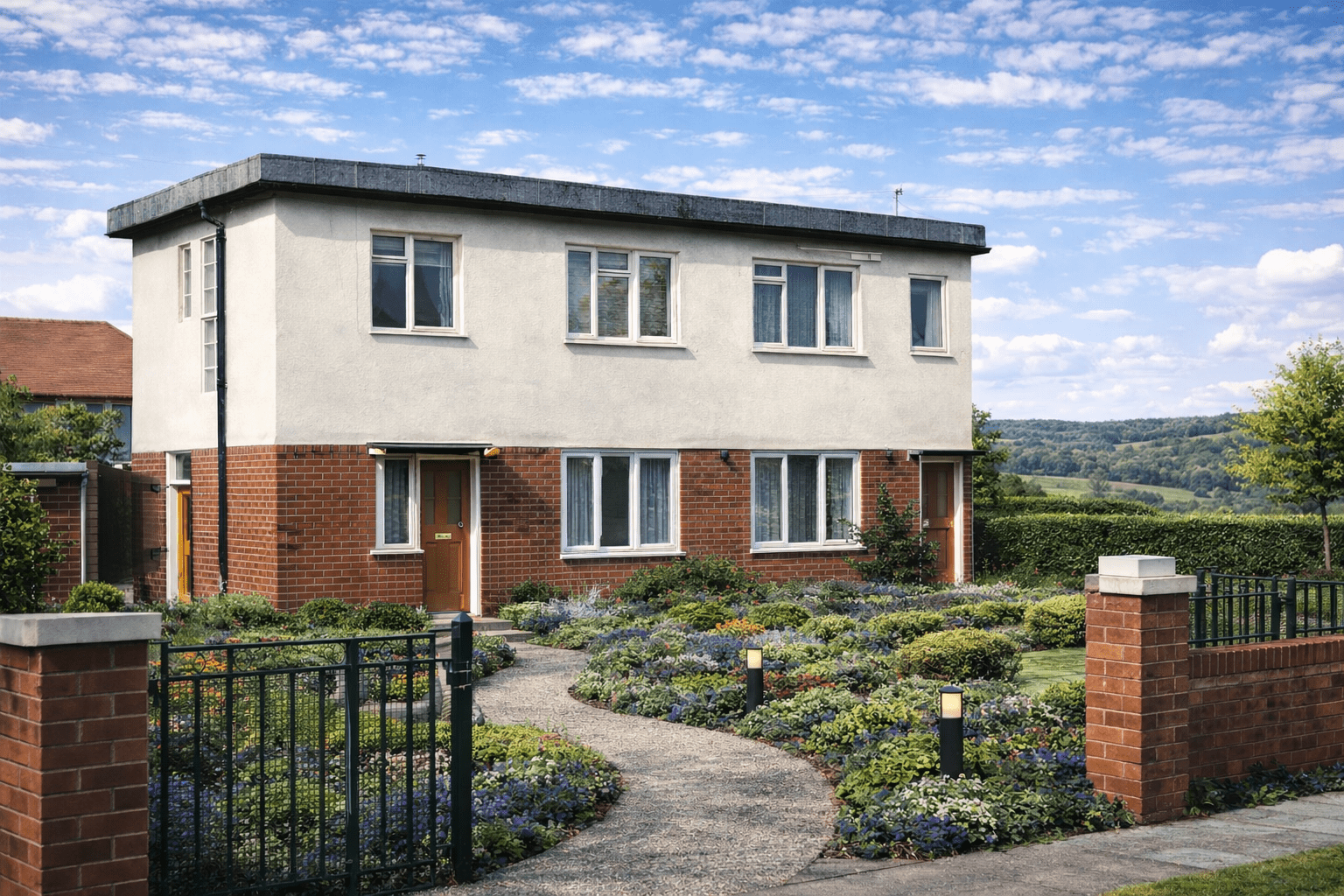 Beanland No 1 house showing flat concrete roof and mixed brick and rendered elevations