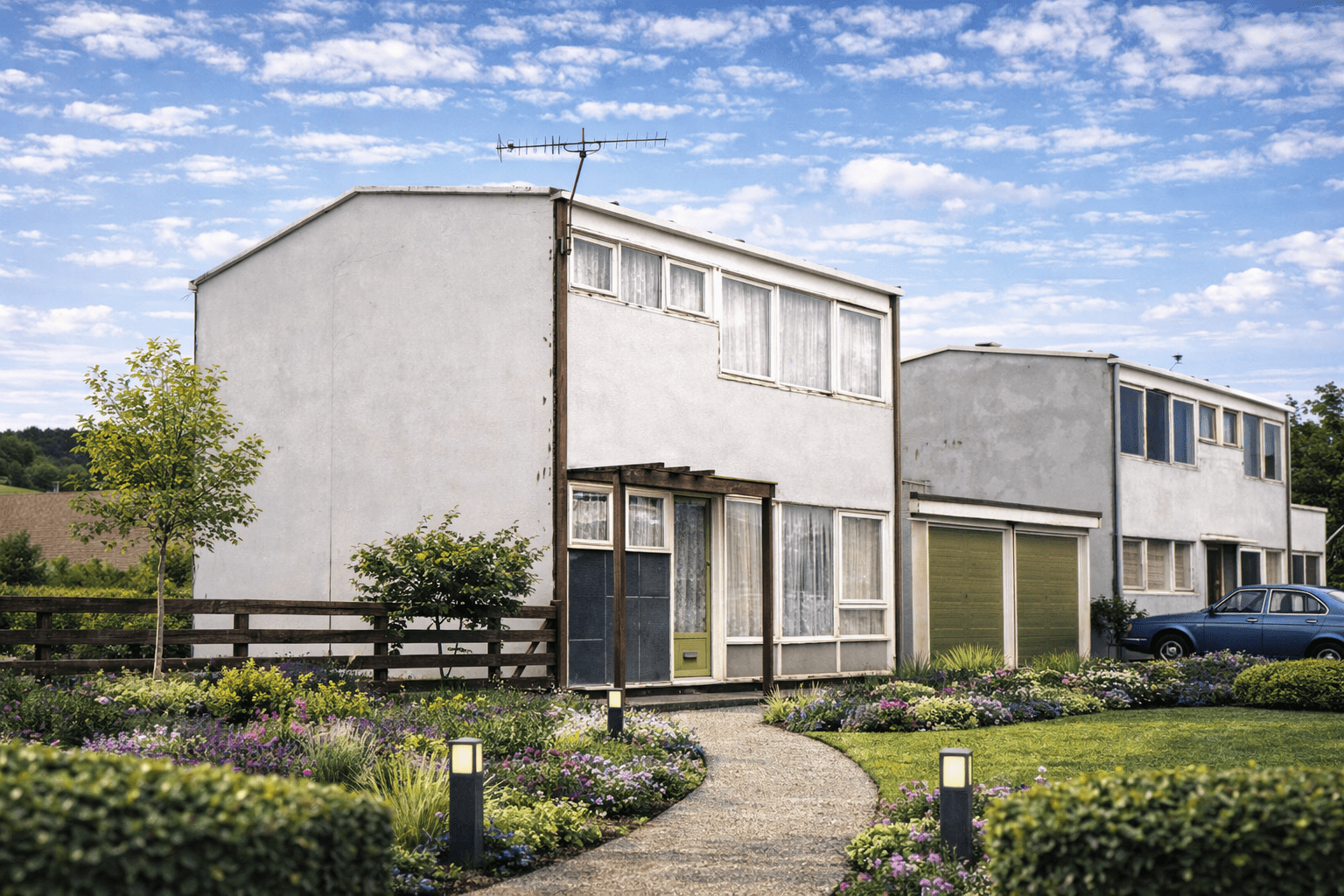 British Housing House showing shallow pitch roof and mixed external cladding