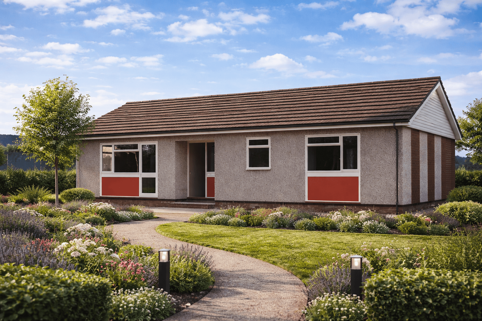 Conatus house showing rendered external walls, gable roof, and non-traditional construction