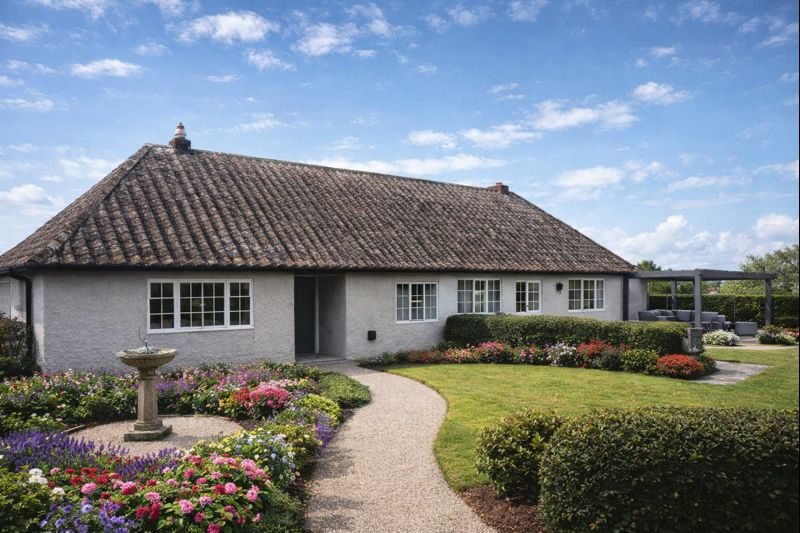 Crane House bungalow with hipped roof and roughcast rendered walls