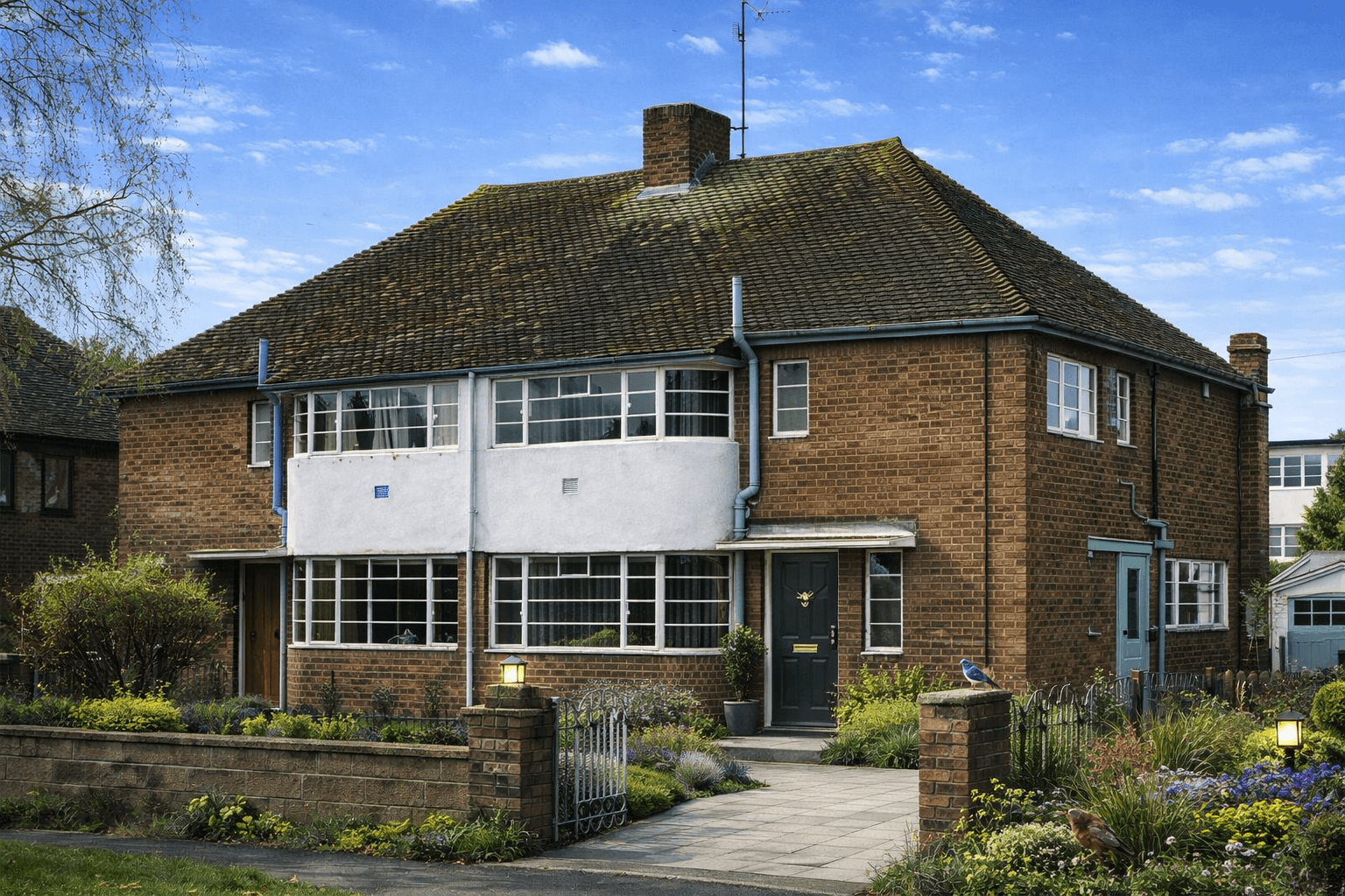 Denis Poulton house showing brick external walls, hipped tiled roof and curved bay window