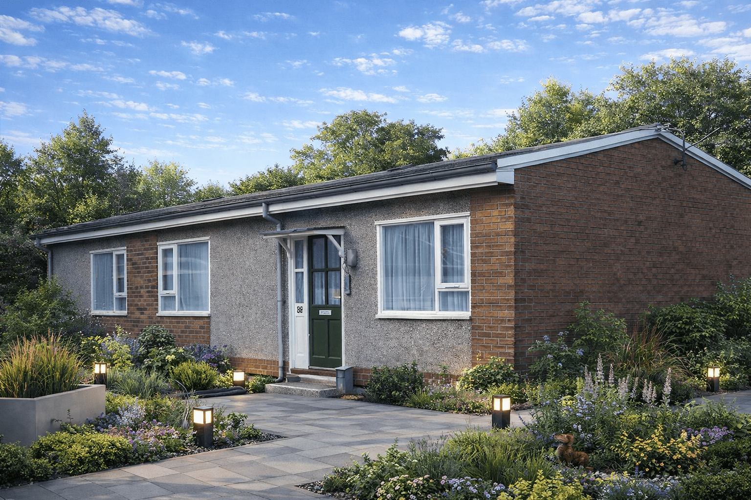 1970s Discus house bungalow with shallow pitch gable roof and brick slip cladding