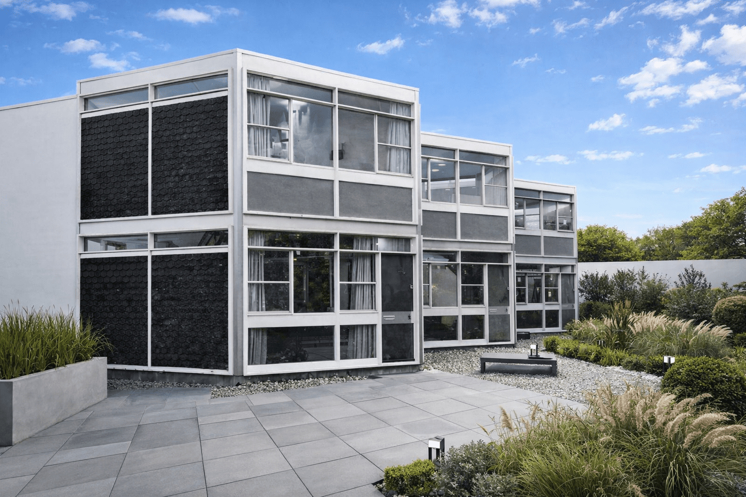 Formula house showing hexagonal form and flat roof construction