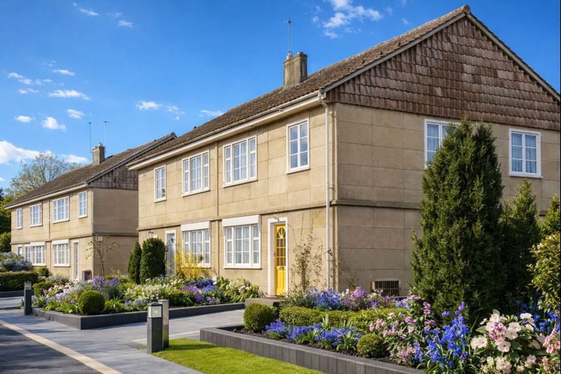 Hitchins House showing exposed aggregate precast concrete panels and gable roof