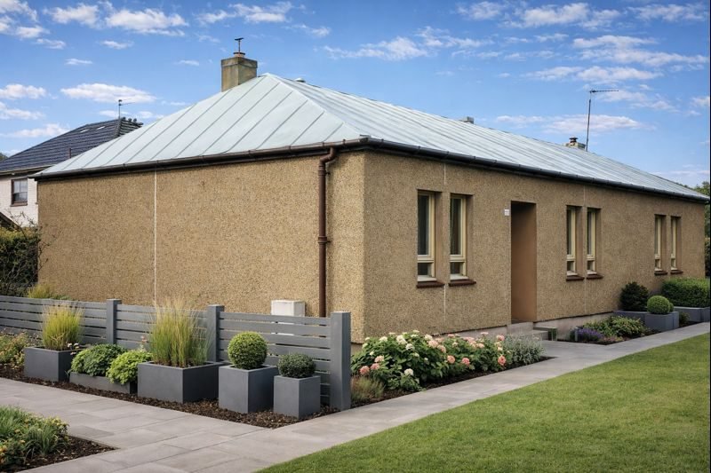 Kelvin House showing shallow hipped copper roof and roughcast rendered walls