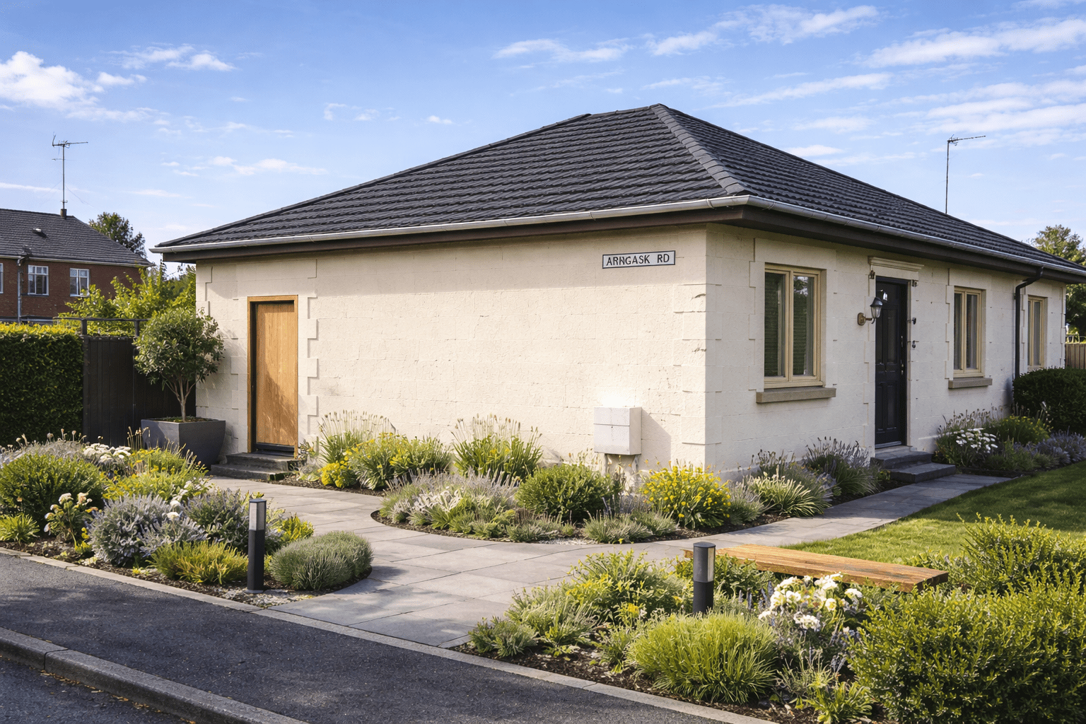 Langlands House showing shallow hipped roof and concrete block construction
