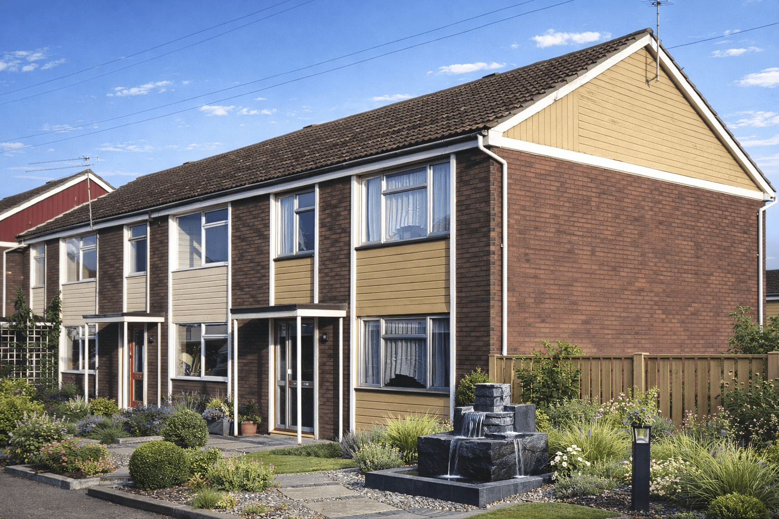 Lowton-Cubitt system-built terraced housing with tiled roof and mixed external cladding