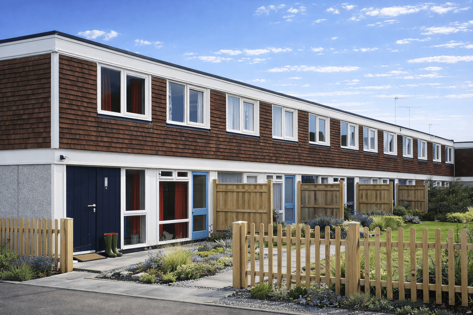 MOHLG 5M system-built house with flat roof and mixed external wall finishes