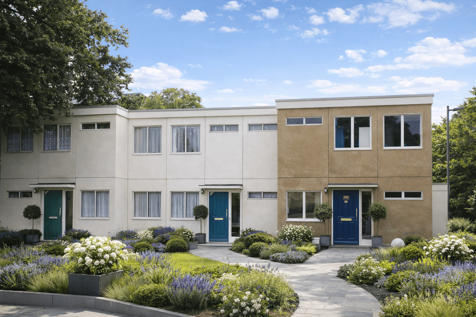 Resiform house showing gable roof and resin panel external walls