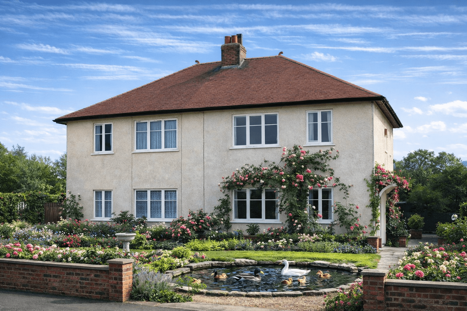 Thorncliffe House showing steep hipped roof and rendered cast iron wall panels