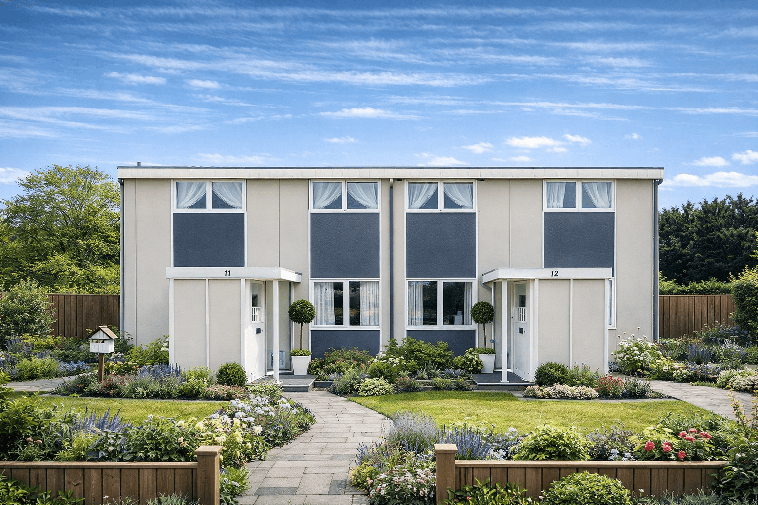 Turner & Newall system-built house with asbestos cement cladding and shallow pitch roof
