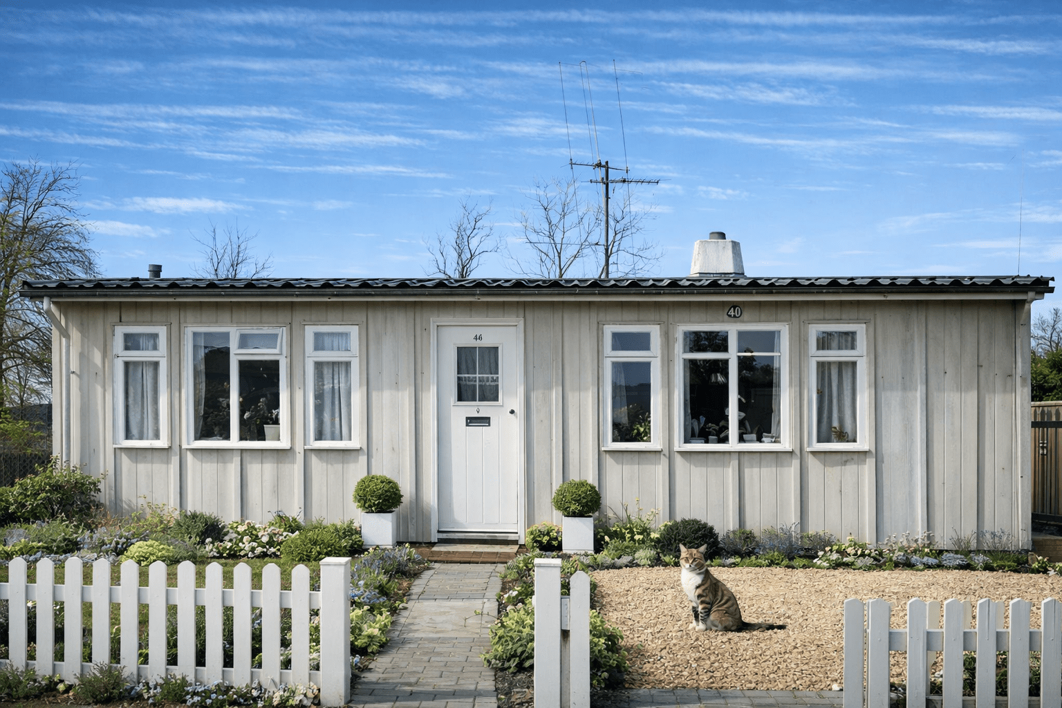 Universal Temporary Bungalow with shallow pitched roof and asbestos cement cladding