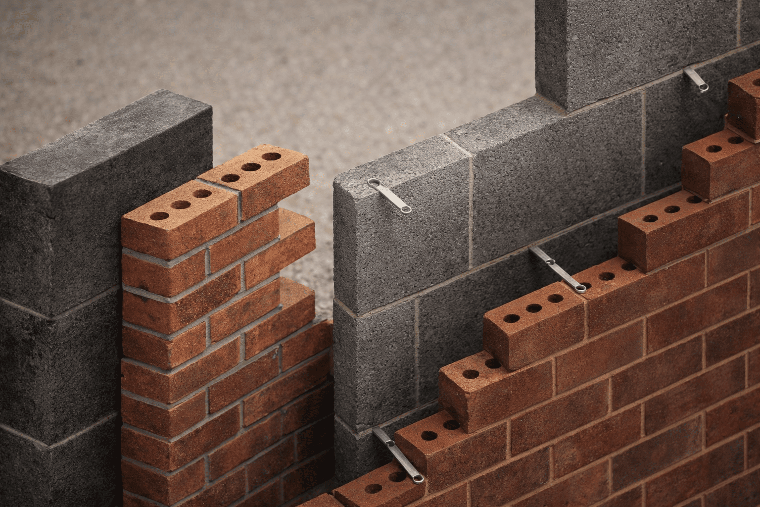 Corroded wall ties within a cavity wall showing rust expansion and masonry cracking