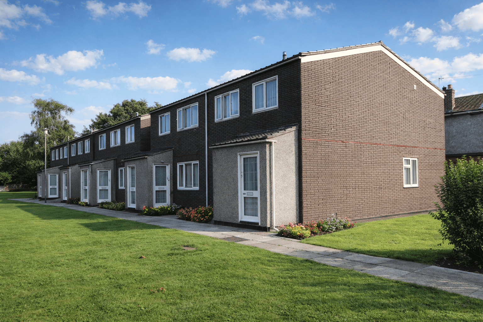Bates 4L system-built house with concrete cladding and shallow pitched roof