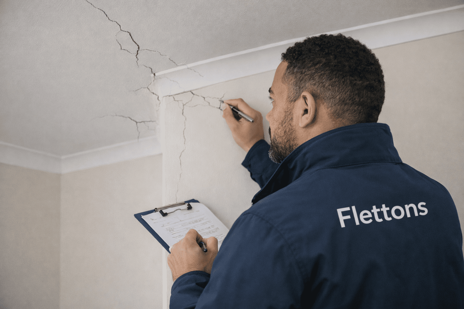 Surveyor inspecting a ceiling as part of a room-by-room inspection