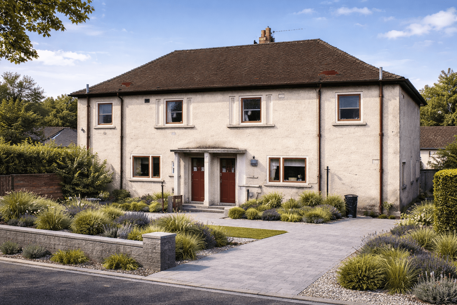 Brydon No-Fines semi-detached house with rendered concrete walls and hipped concrete tiled roof