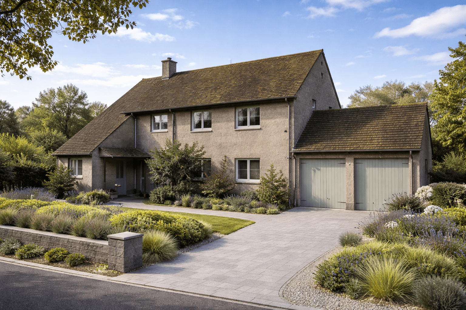 No-Fines cast rendered house with steep gable roof and rendered external walls