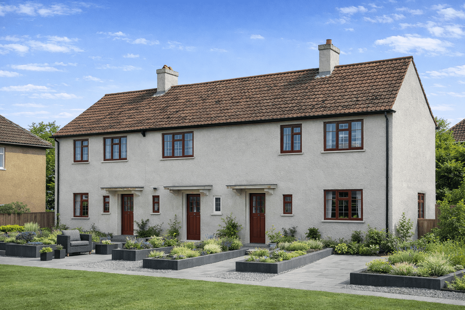 Cook House semi-detached reinforced concrete property with pebbledash render and hipped tiled roof