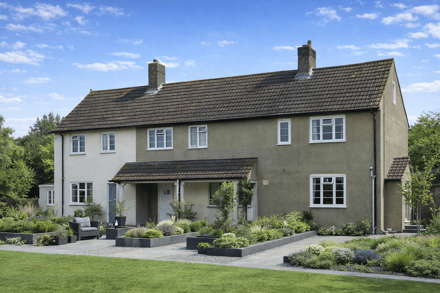 Corvus House two-storey semi-detached post-war reinforced concrete property with rendered elevations and gable roof