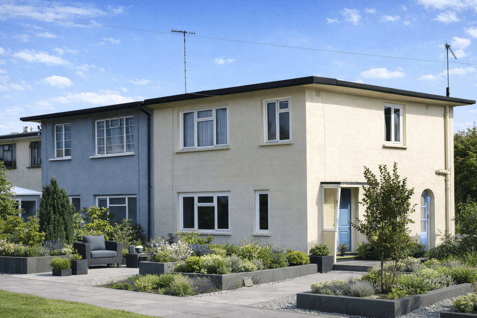 Craftcast House showing flat reinforced concrete roof and rendered concrete walls with mock column detailing