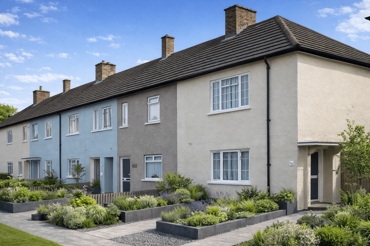 Dagenham Special house showing rendered concrete walls and hipped roof