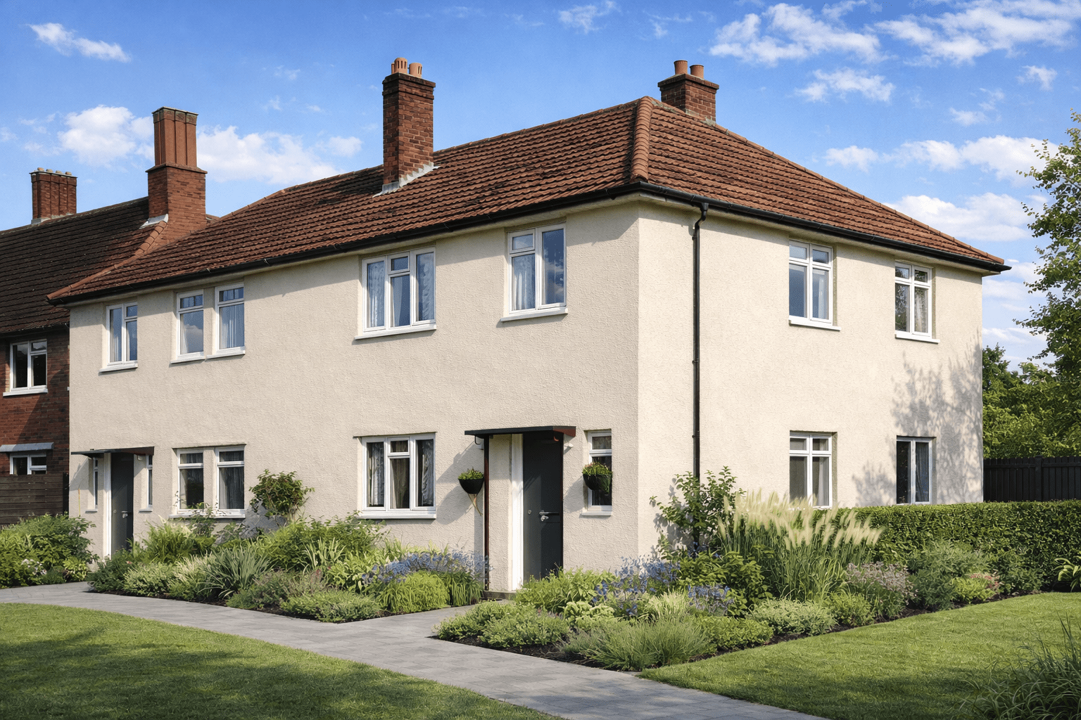 Duo-Slab Airey house showing rendered external walls and tiled pitched roof