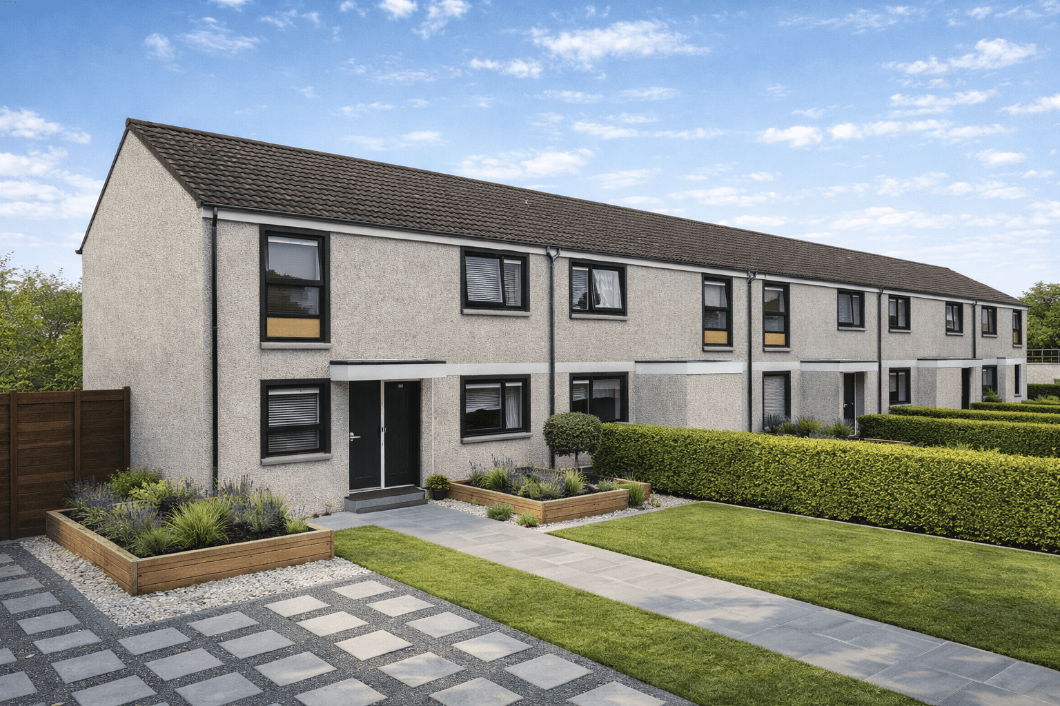 Easiform Type 2 house showing rendered concrete walls and tiled pitched roof
