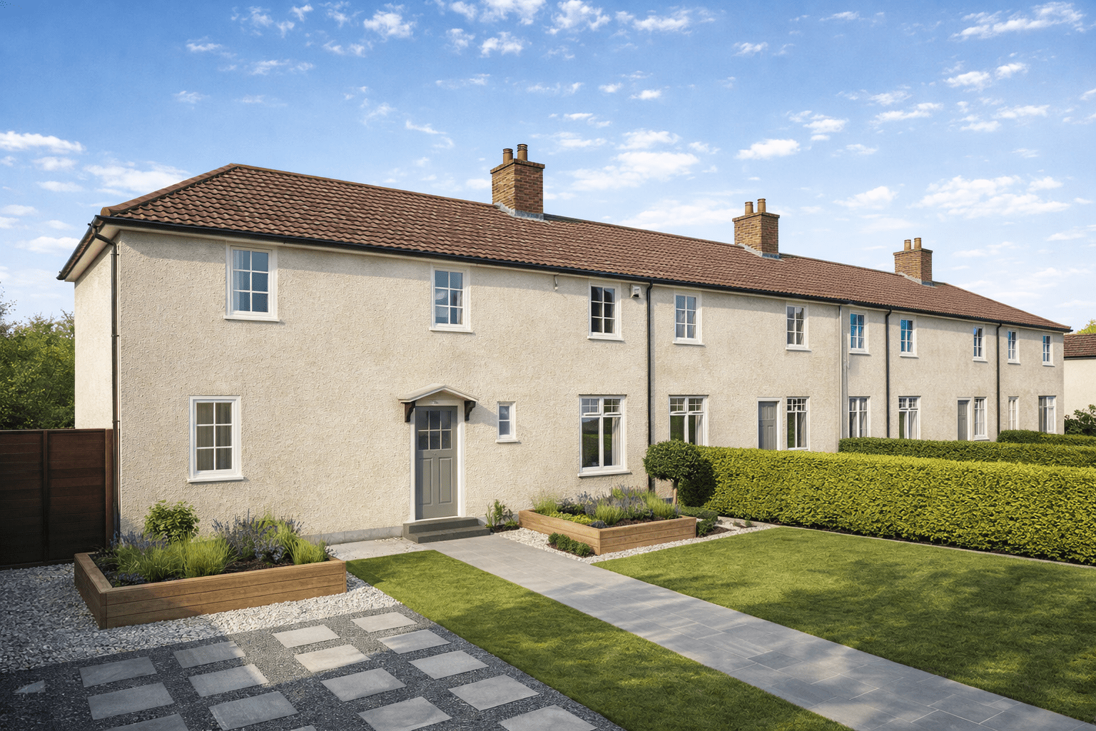 Farrans No-Fines house showing rendered concrete walls and tiled pitched roof