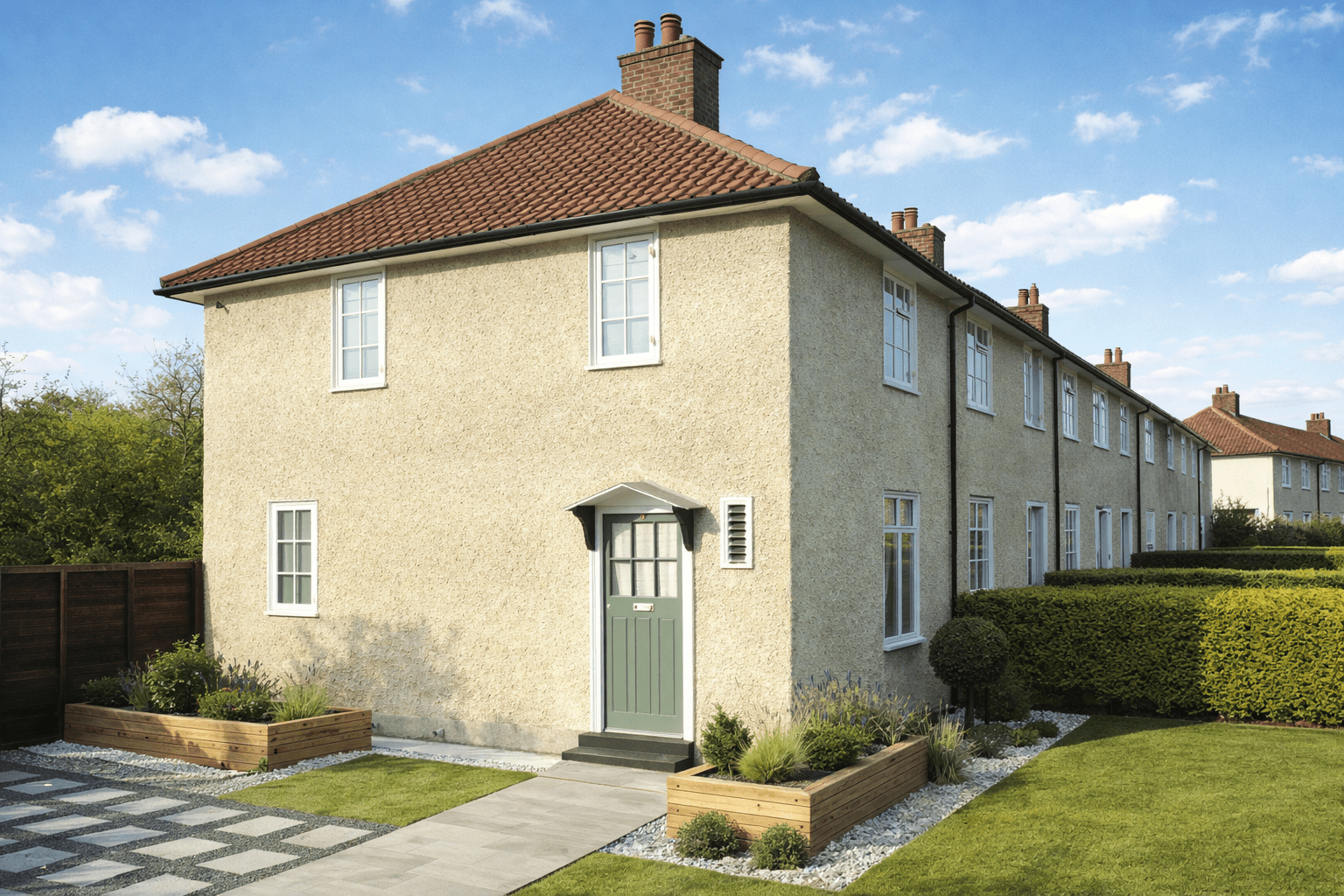 Fidler House semi-detached property with rendered external walls and tiled hipped roof