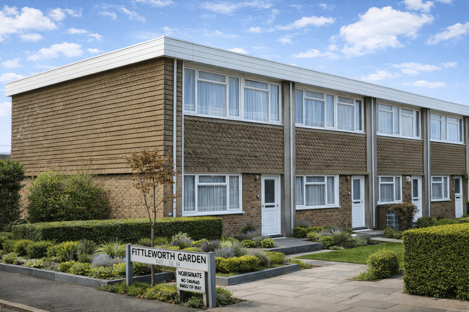 Firmcrete house showing flat roof, tile hanging and brick flank wall construction