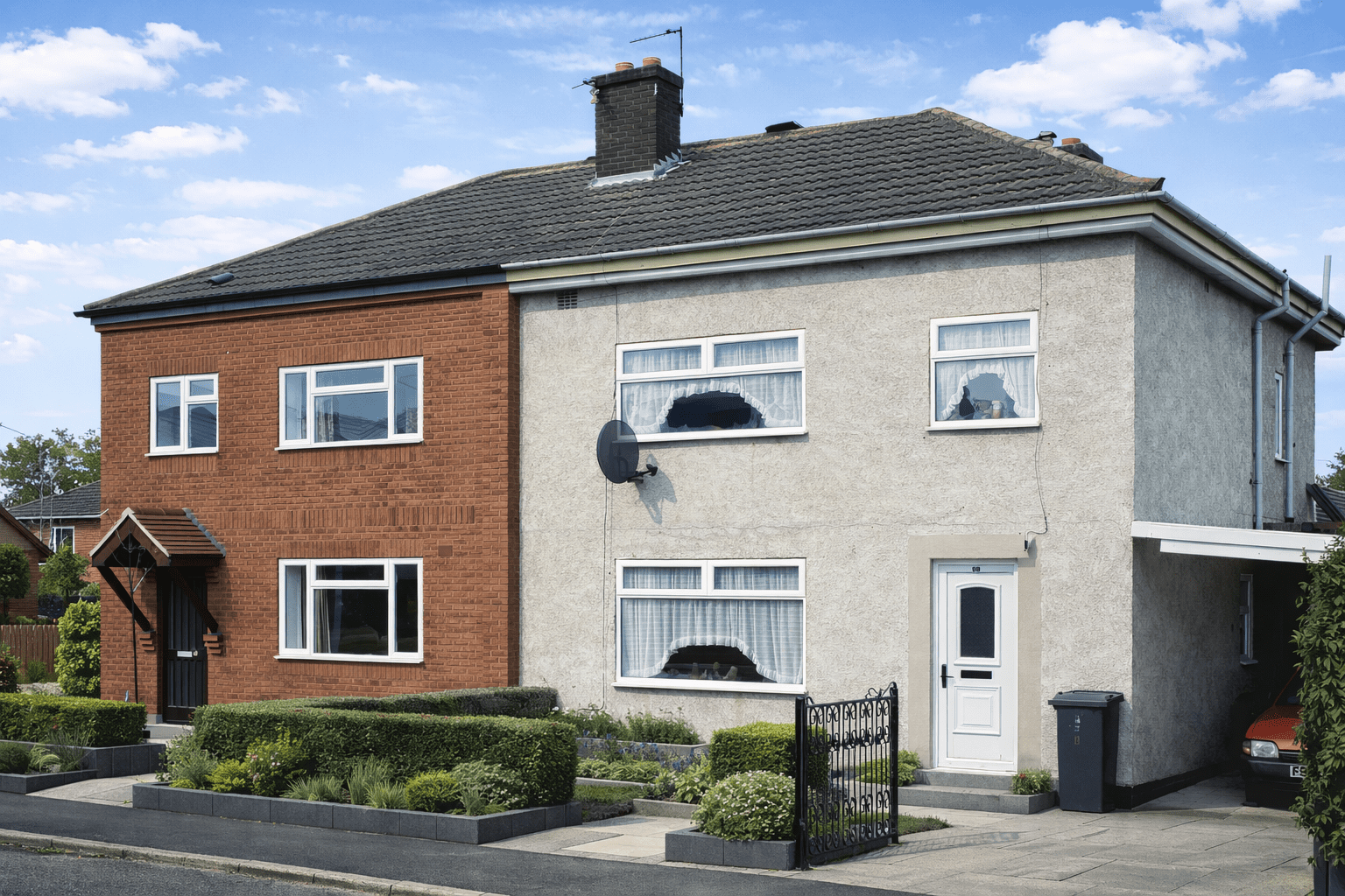 Foamed Slag house showing rendered external walls and hipped roof typical of post-war no-fines construction