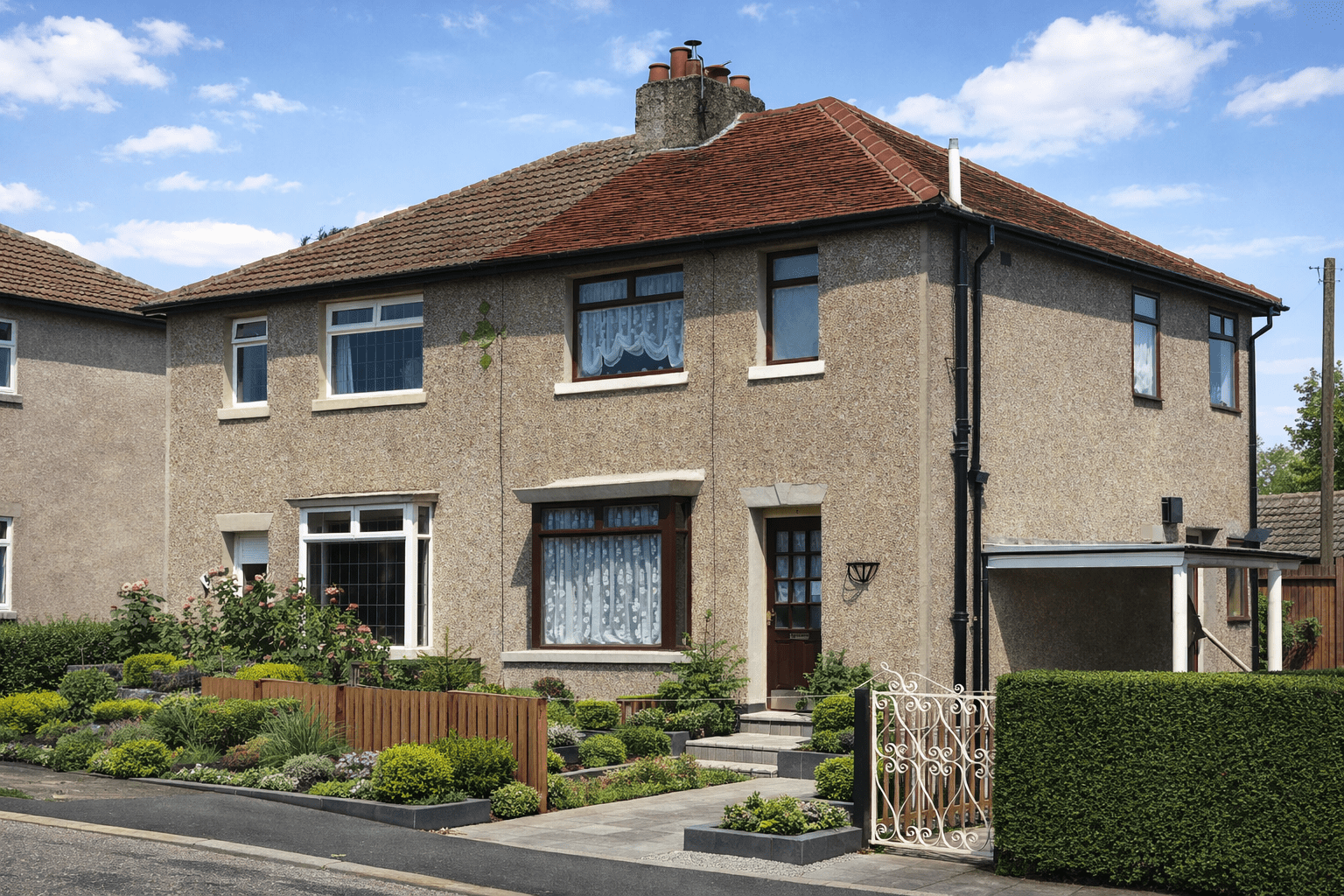 Gadie house showing rendered elevations, hipped roof and square front bay