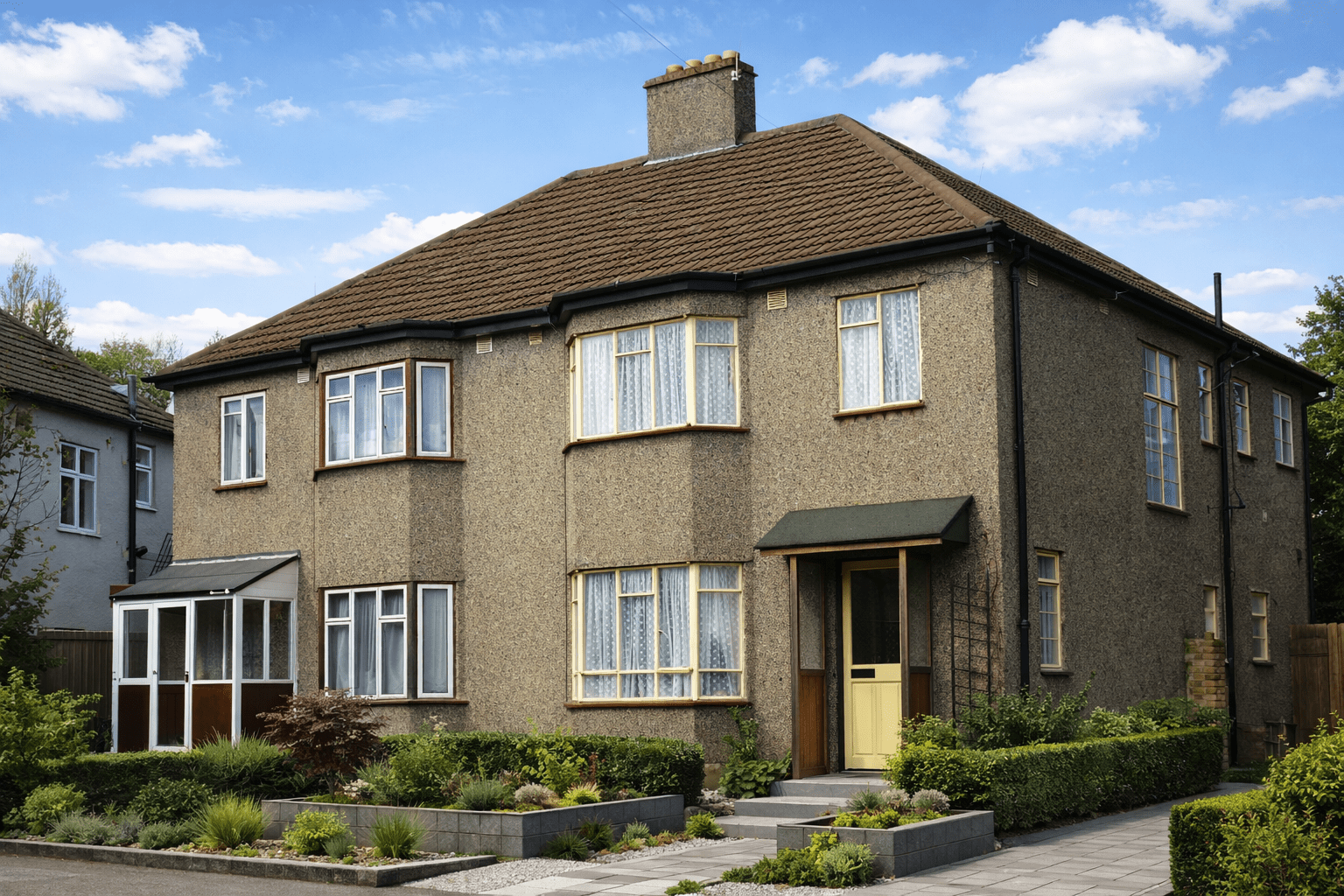 Incast house with rendered no-fines concrete walls and two-storey flat-roofed bay window