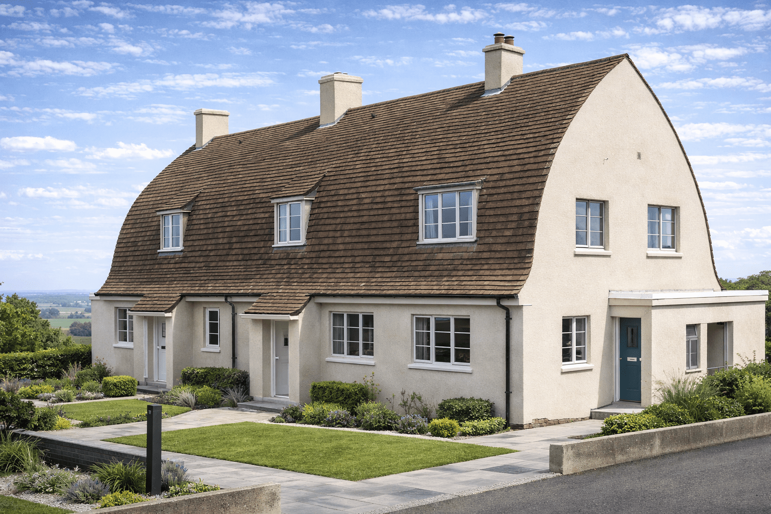 Lamella House showing gable roof with timber lamella grid structure and rendered lower walls