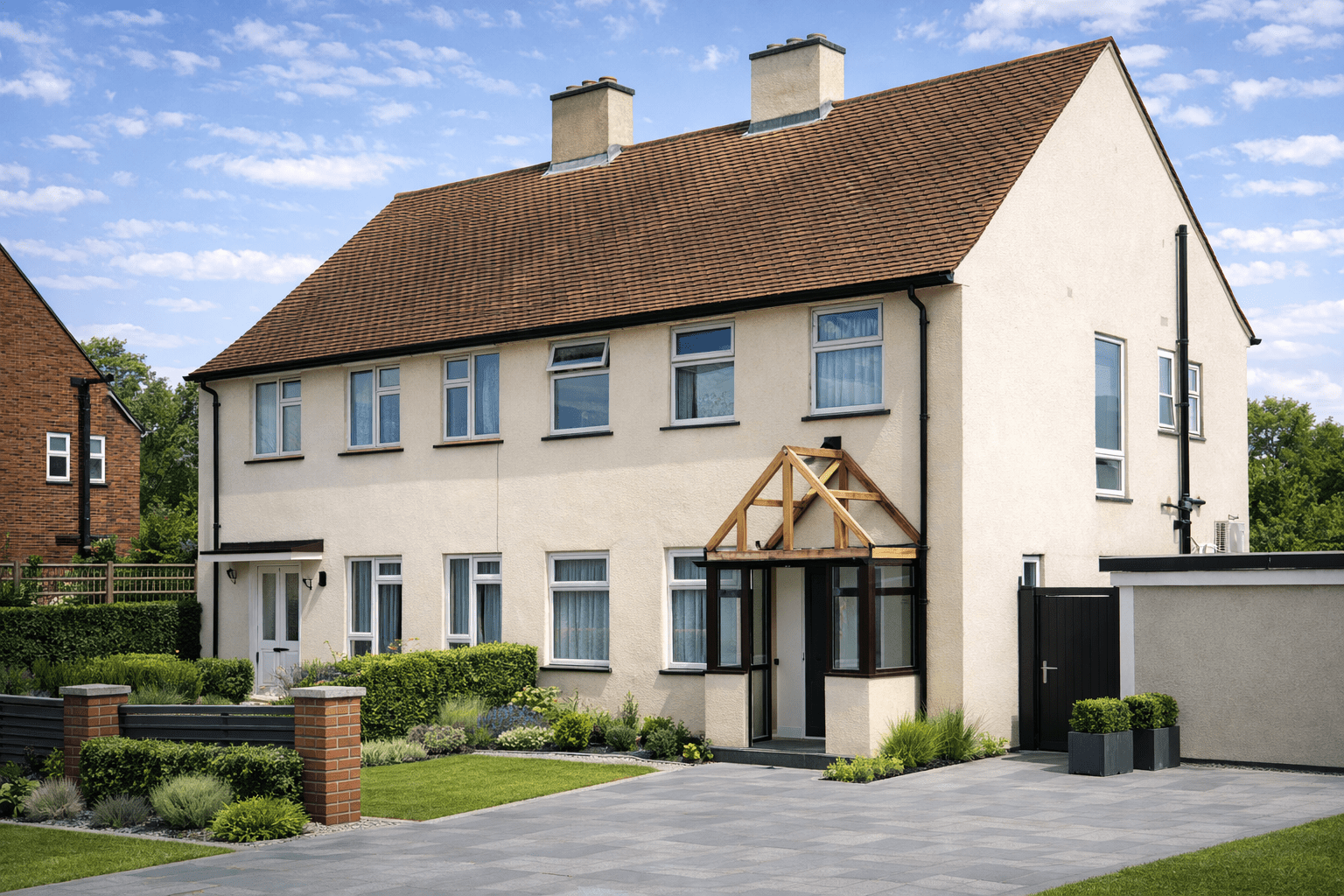 MOW Demonstration Expanded Clay House showing rendered external walls and steep gable roof
